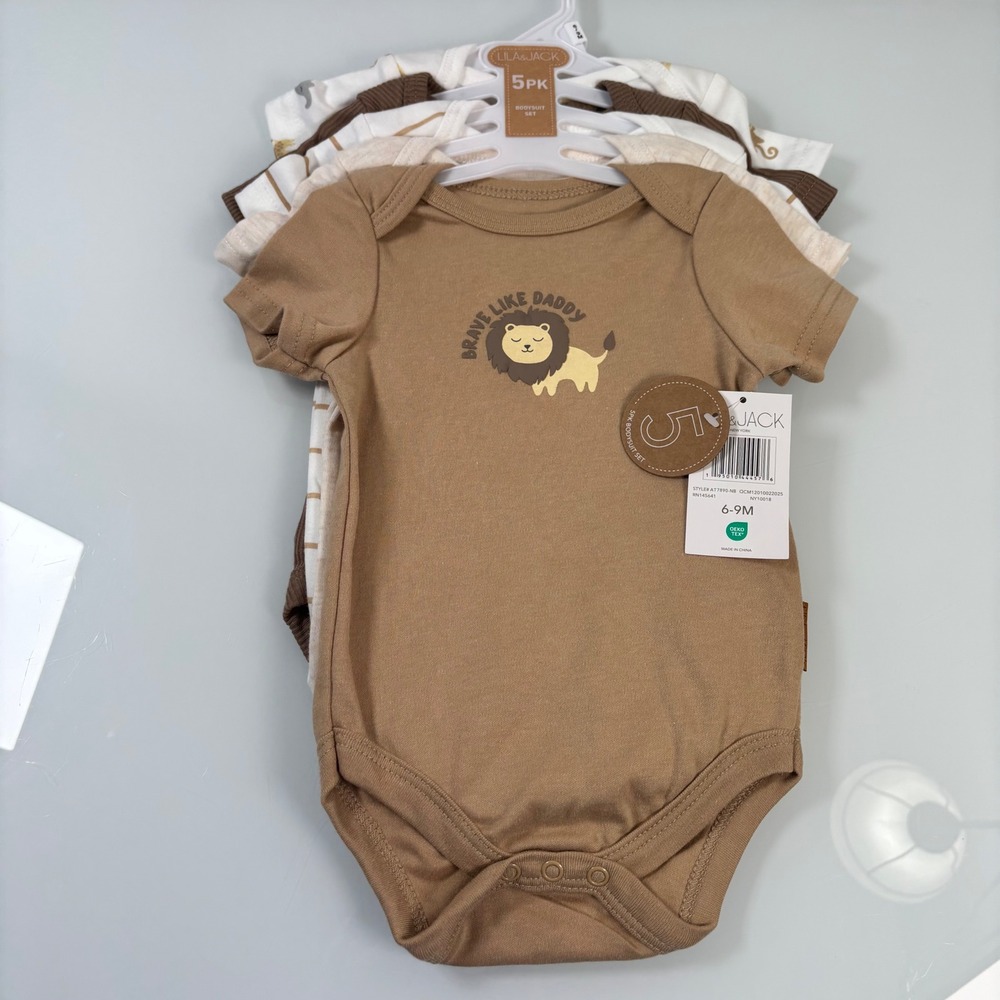 Lila & Jack Kids 6-9M Brown 5PK Bodysuit Set New Safari Lion Brave Like Daddy